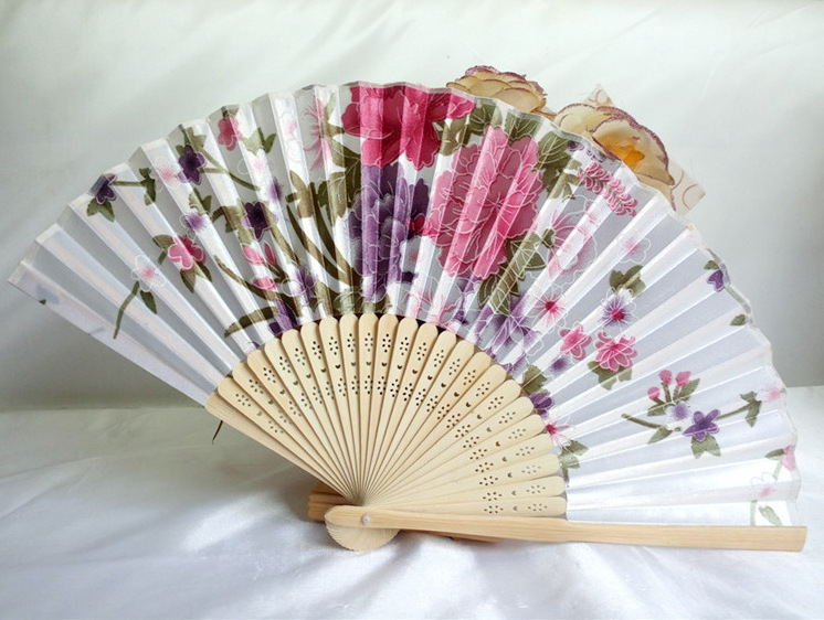 Ywbeyond  Wedding Dance Party Favor 21cm Colorful Bamboo Stain Fabric Folding Hand Fan Chinese Flower Floral Silk Hand Fans