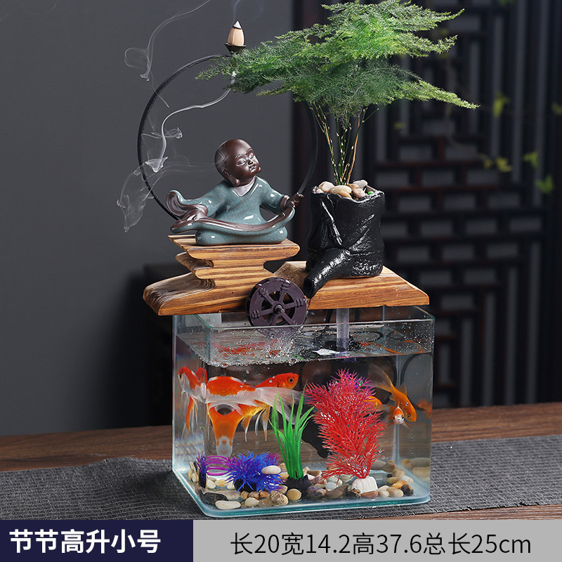 Ywbeyond Home Office Desktop Decor Ceramics Glass Fish Tank Water Fountain Indoor Circle Lamp Waterfall Incense Burner Backflow