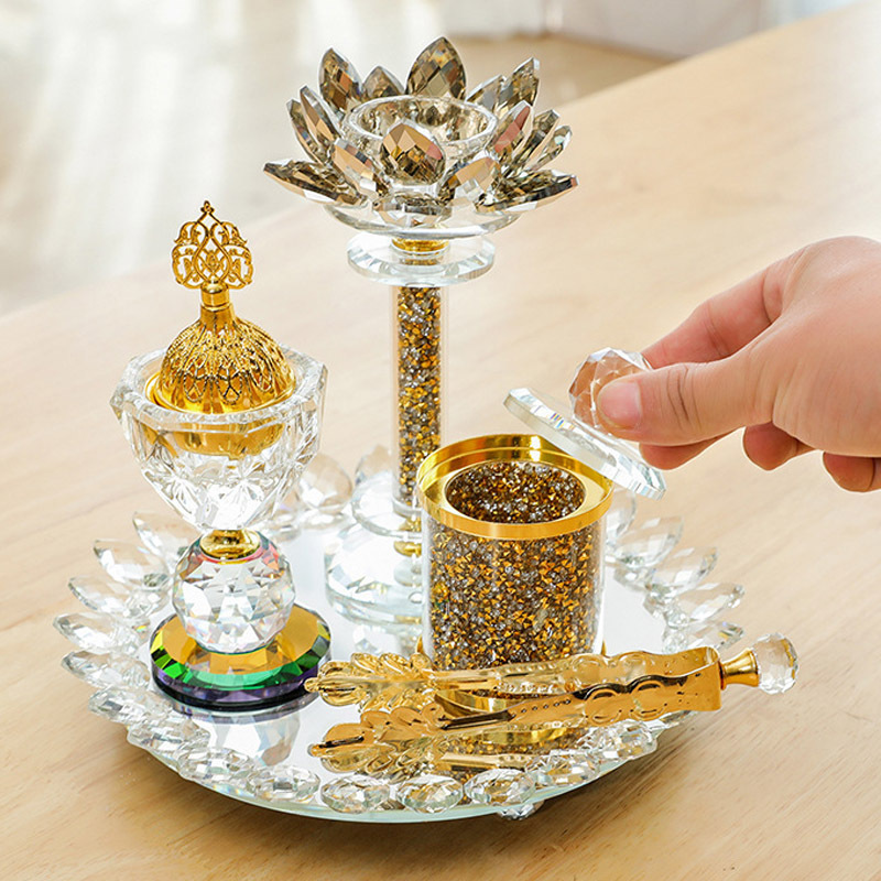 Ywbeyond Luxury Dubai Censer Crystal Lotus Bakhoor Incense Burner Set Rhinestone Decoration Arabian Incense Burner