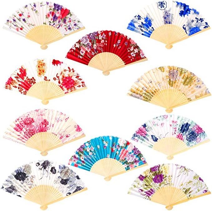 Ywbeyond  Wedding Dance Party Favor 21cm Colorful Bamboo Stain Fabric Folding Hand Fan Chinese Flower Floral Silk Hand Fans