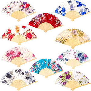 Ywbeyond  Wedding Dance Party Favor 21cm Colorful Bamboo Stain Fabric Folding Hand Fan Chinese Flower Floral Silk Hand Fans