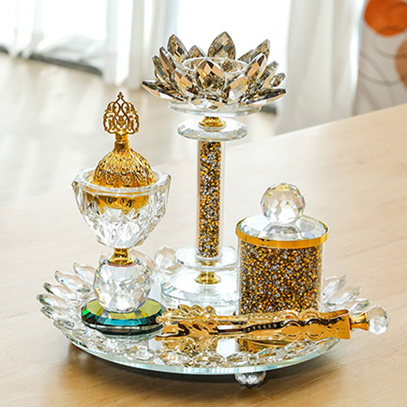 Ywbeyond Luxury Dubai Censer Crystal Lotus Bakhoor Incense Burner Set Rhinestone Decoration Arabian Incense Burner