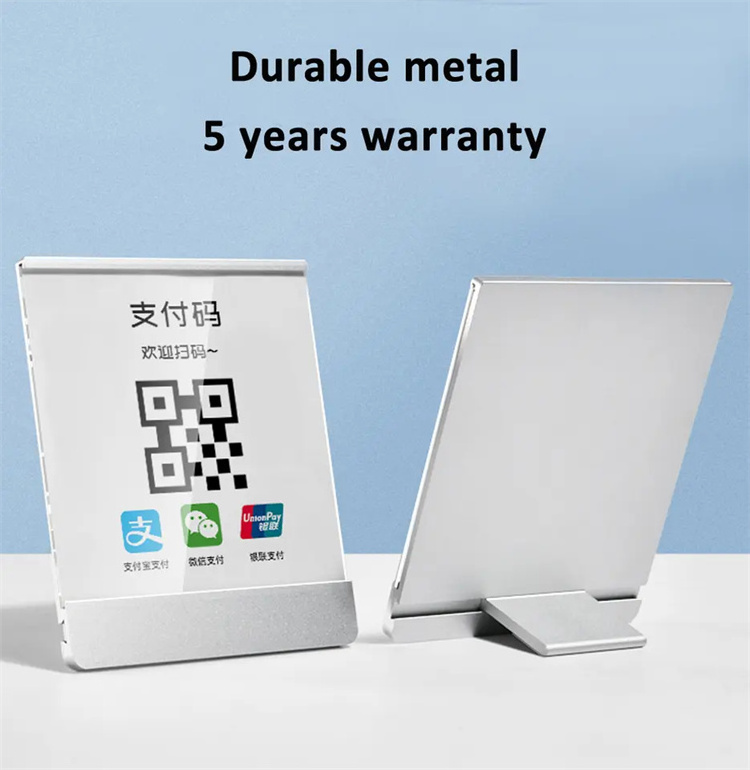 Good Quality Counter Top Aluminum Alloy Base Clear Acrylic Mini Slanted Supermarket Menu QR Holder Table Display Stand