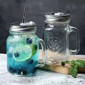 Beverage use Factory produced hot sale custom embossed differ color lid and straw  glass mason jar with handle