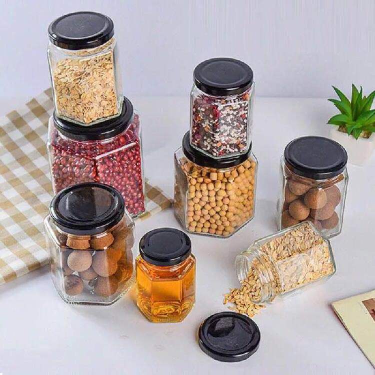 High quality customized  hexagon  shape glass jar for honey jams food storage with lid