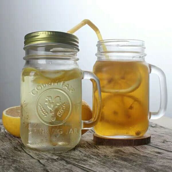 Beverage use Factory produced hot sale custom embossed differ color lid and straw  glass mason jar with handle