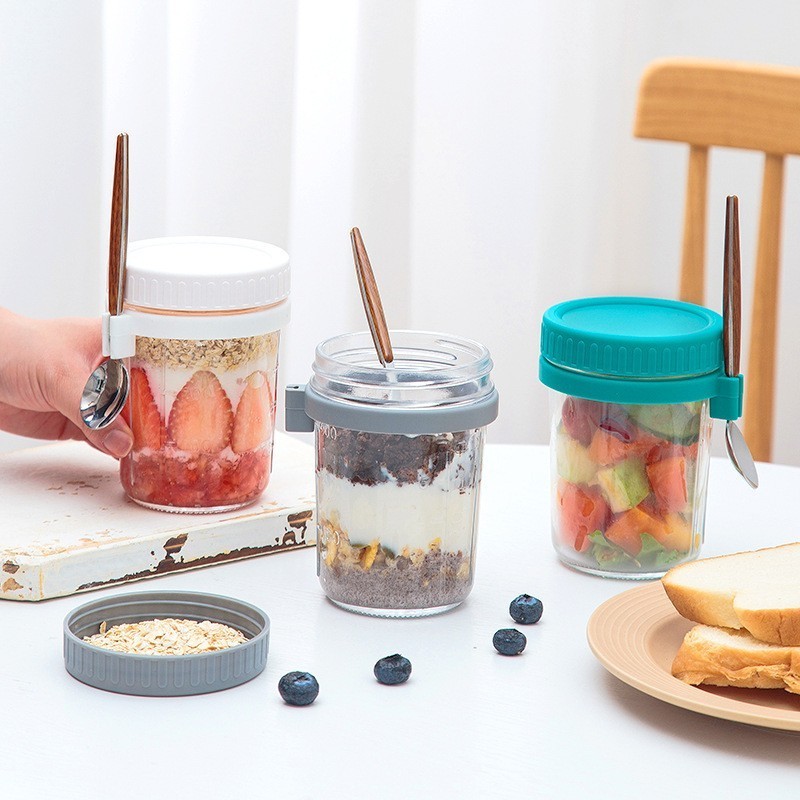 Overnight Oats Container Jars 12 Oz Oatmeal Glass For Mason Jar With Spoons Reusable Yogurt Parfait Cup