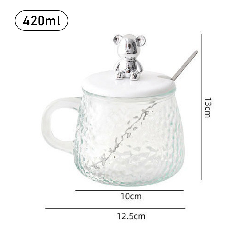 Wholesale Cute Glass Coffee Mug Clear Large Capacity Milk Cup With Handle And Cartoon 3d Bear Silicone Lid