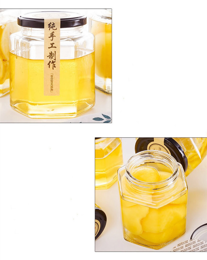 High quality customized  hexagon  shape glass jar for honey jams food storage with lid