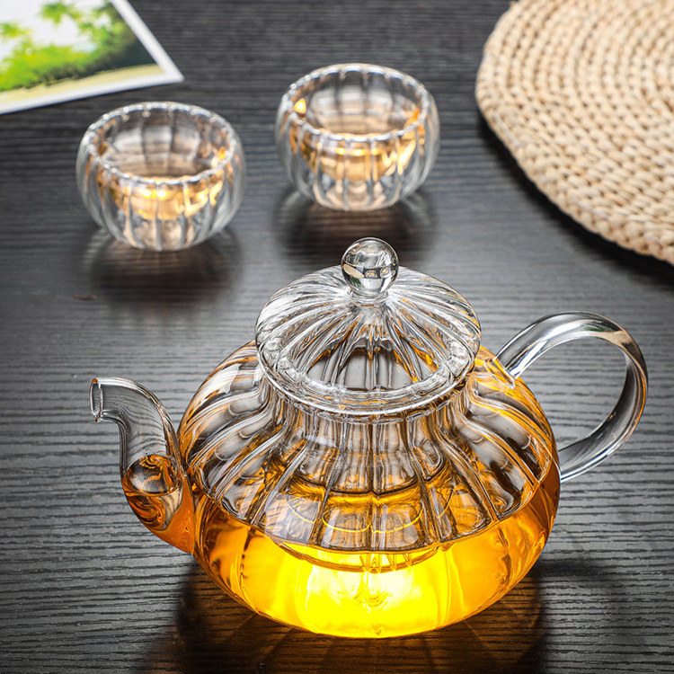 600ml 800ml 1000ml Glass Teapot with Removable Infuser Stove Top Safe Tea Kettle with Stripe Decoration