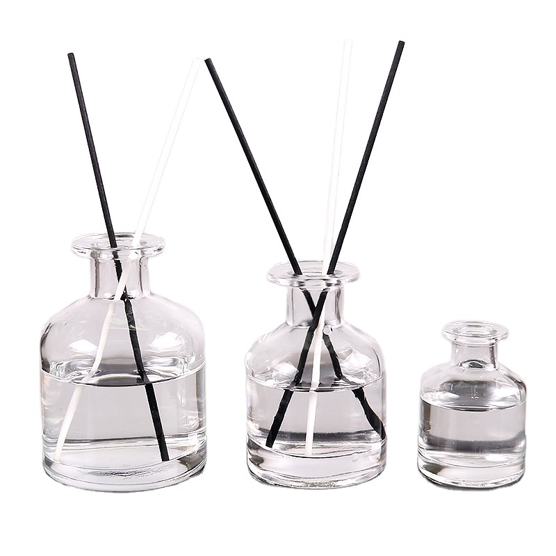 Empty Round Clear Glass Fragrance Reed Perfume Aroma Diffuser Bottle with Black Stick for Home Decoration