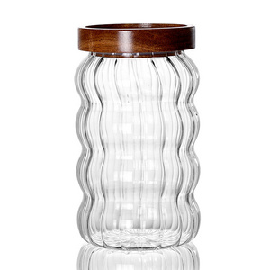 Kitchen Glassware Glass Pumpkin Storage Bottle Jars and Wooden Lids for Home Restaurant Hotel Use