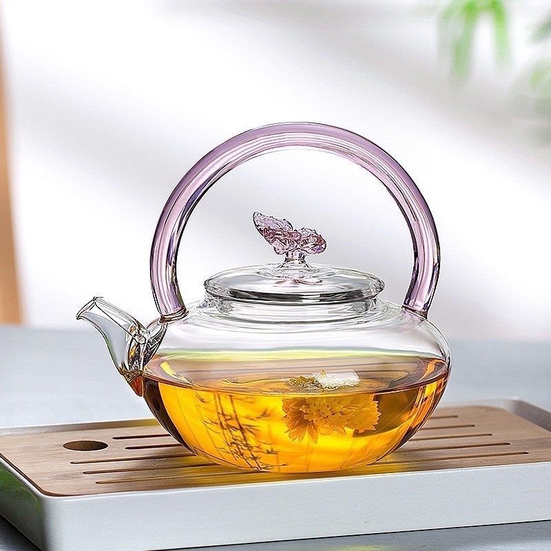 650ml High Borosilicate Glass  Tea Pot with Strainer Pink Butterfly Gift Flower Creative Heat Resistant Clear Kettle