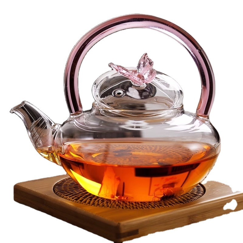 650ml High Borosilicate Glass  Tea Pot with Strainer Pink Butterfly Gift Flower Creative Heat Resistant Clear Kettle