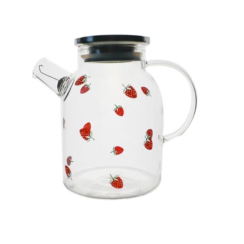 Cute Strawberry Cartoon Glass Tableware Cold Kettle Transparent Juice Cold Drink Teapot with Filter and Lid for Party Home Use