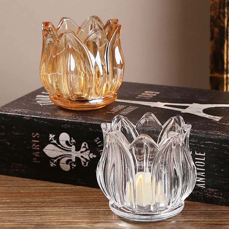 Tulip Flower Shaped Amber Clear Glass Candle Holder For Home Decoration