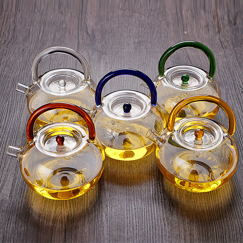 Wholesale  750ML Handmade Safe Round Modern High Borosilicate Glass Glass Teapot with  Color Handle