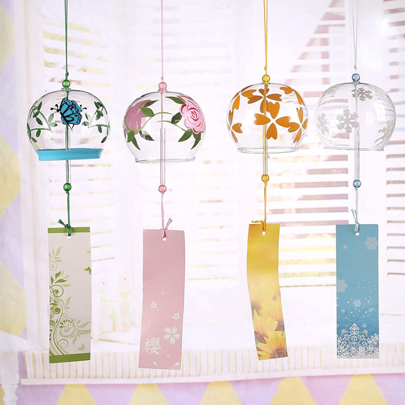 Japanese Style Indoor Decorative Hand Blown Glass Bells Wind Chimes with Custom Printed