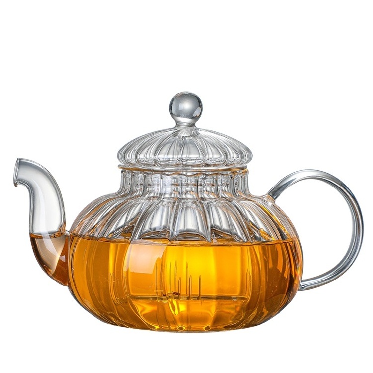 600ml 800ml 1000ml Glass Teapot with Removable Infuser Stove Top Safe Tea Kettle with Stripe Decoration