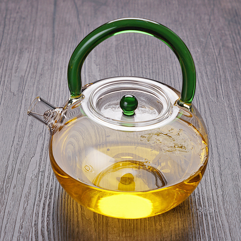 Wholesale  750ML Handmade Safe Round Modern High Borosilicate Glass Glass Teapot with  Color Handle