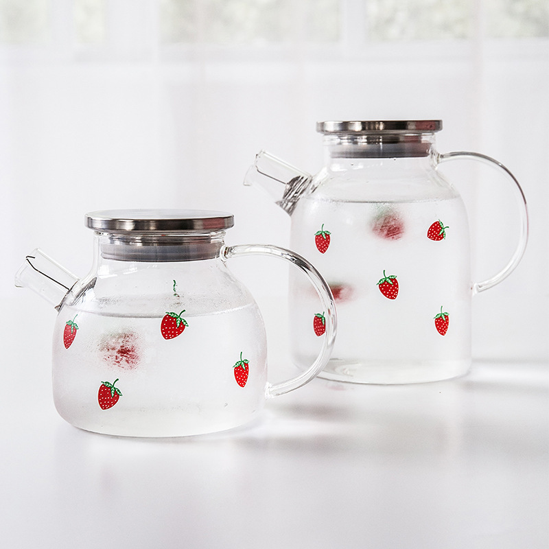 Cute Strawberry Cartoon Glass Tableware Cold Kettle Transparent Juice Cold Drink Teapot with Filter and Lid for Party Home Use