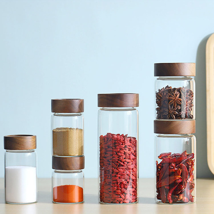 Clear Glass Canister Kitchen Organizer Food Storage Jars Sealed Glass with Thread Acacia Wood Lid