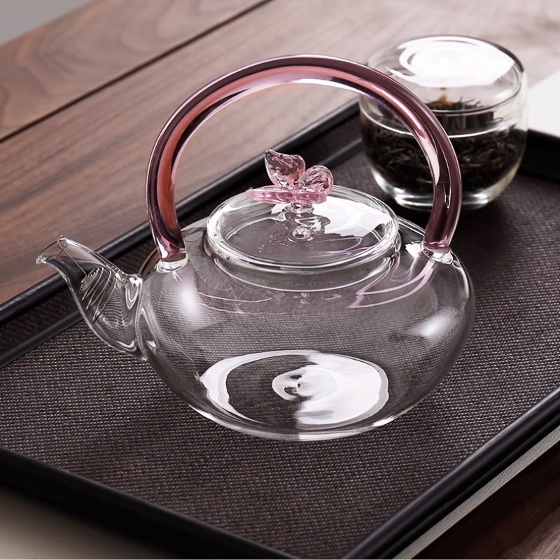 650ml High Borosilicate Glass  Tea Pot with Strainer Pink Butterfly Gift Flower Creative Heat Resistant Clear Kettle