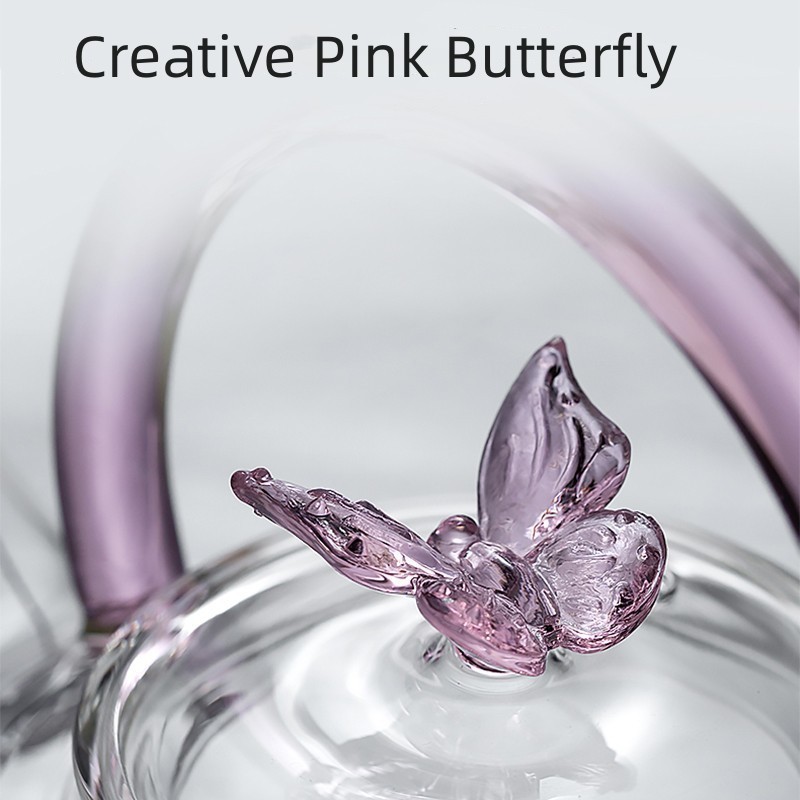 650ml High Borosilicate Glass  Tea Pot with Strainer Pink Butterfly Gift Flower Creative Heat Resistant Clear Kettle