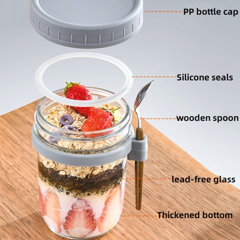 350ML Large Capacity Airtight Oatmeal Container with Measurement Marks, spoon and fork Overnight Oats Jars