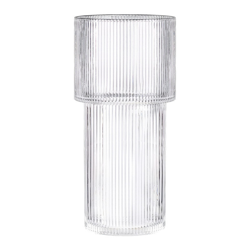 Nordic Luxury Style High Quality Cylinder Transparent Ribbed Glass Vase with Gold Rim