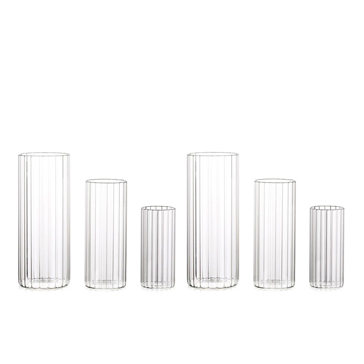 Clear Borosilicate Glass Cylinder Striped Tall Pillar Candle Holder Vase