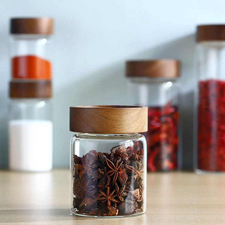 Clear Glass Canister Kitchen Organizer Food Storage Jars Sealed Glass with Thread Acacia Wood Lid