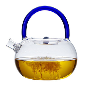 Wholesale  750ML Handmade Safe Round Modern High Borosilicate Glass Glass Teapot with  Color Handle