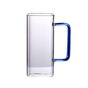 Square Clear Large Glass Coffee Mugs Water Cups with colorful Handle Heat Resistant Tall Glass Cup for Hot Cold Coffee Tea