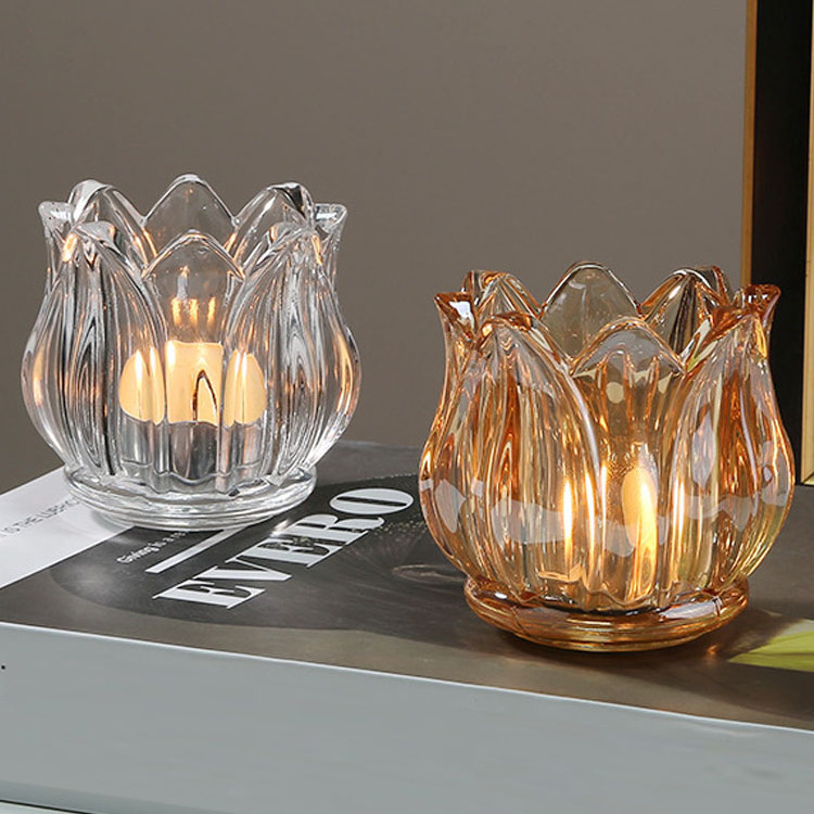 Tulip Flower Shaped Amber Clear Glass Candle Holder For Home Decoration