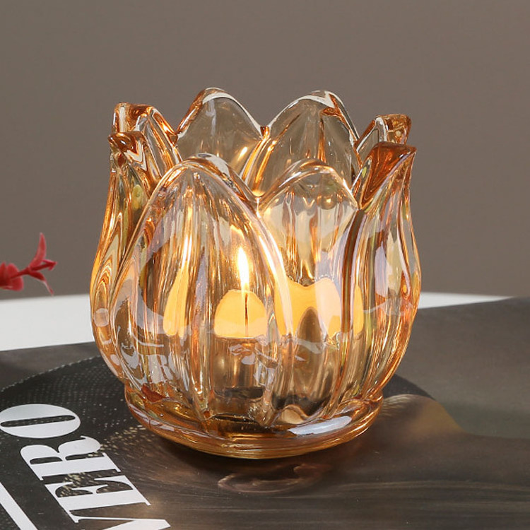 Tulip Flower Shaped Amber Clear Glass Candle Holder For Home Decoration