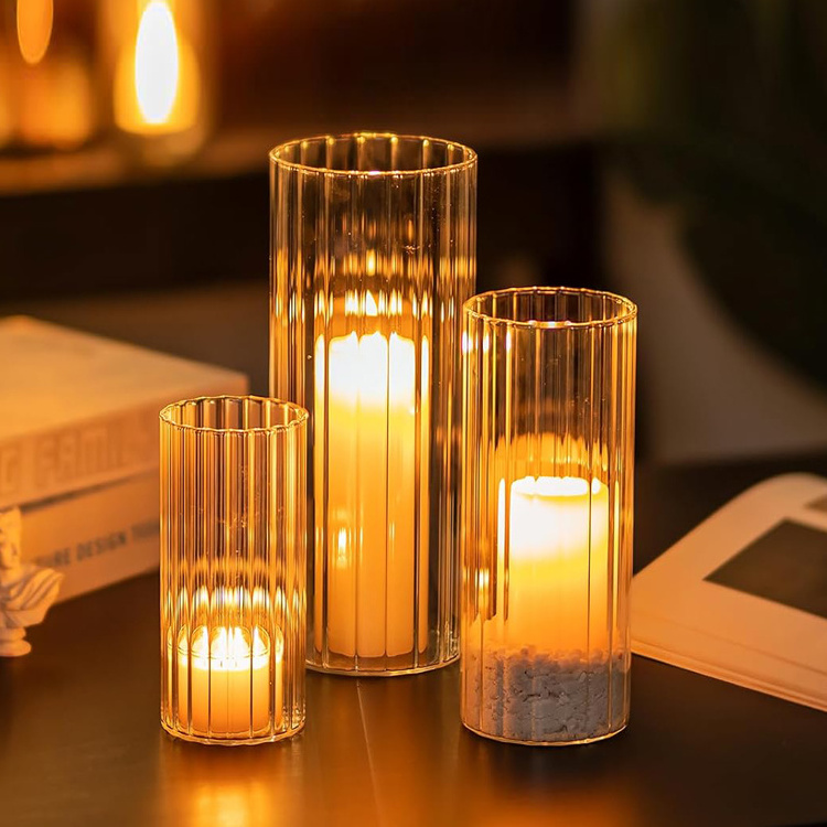 Clear Borosilicate Glass Cylinder Striped Tall Pillar Candle Holder Vase