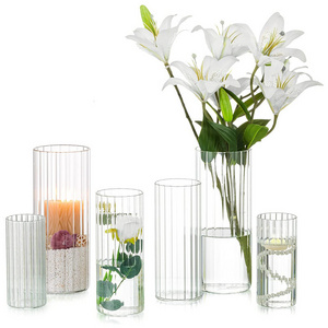 Glass Cylinder Ribbed Vases Tall Clear Vase for Centerpieces Glass Candle Holders for Pillar or Floating Candles