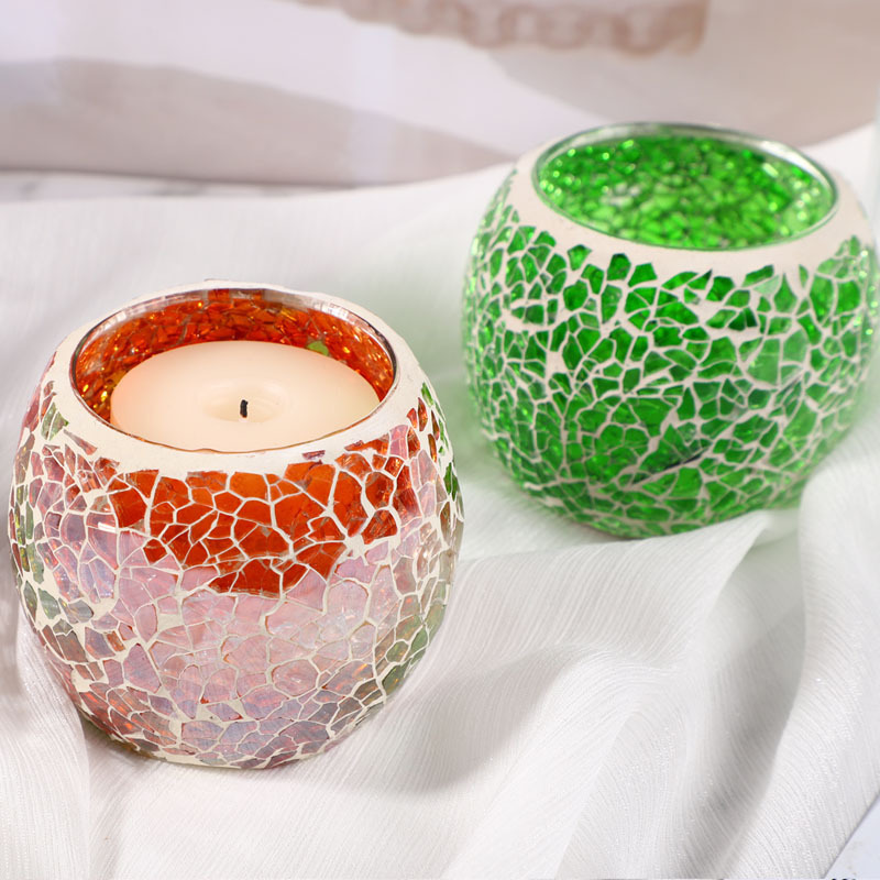 Handmade Mosaic Glass Tealight Holders Round Votive Candle Multi color Romantic Stained Cracked Table Centerpieces Party