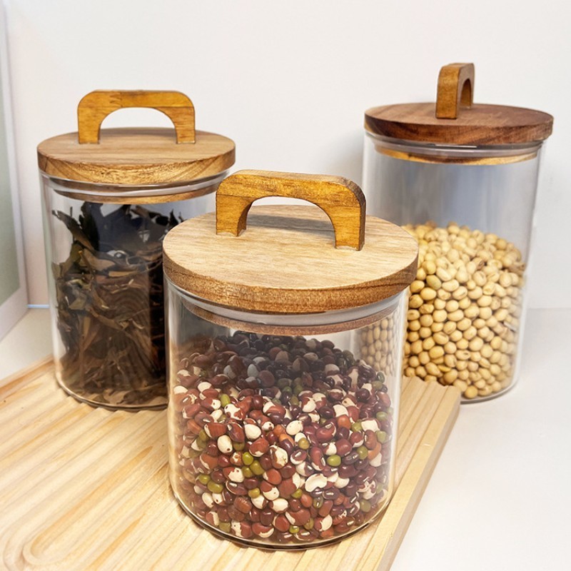 Eco-Friendly borosilicate glass food spice jar airtight clear glass storage jar sets with bamboo spoon press lid