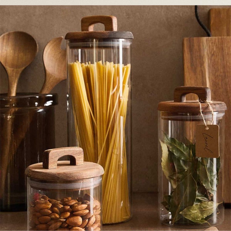 Eco-Friendly borosilicate glass food spice jar airtight clear glass storage jar sets with bamboo spoon press lid