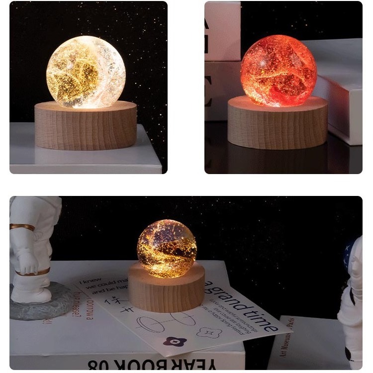 7pcs Crystal Mini Balls Night Lamp Luminous Solid Glass Ball with Led Wooden Base Lights for Desktop Home Decor