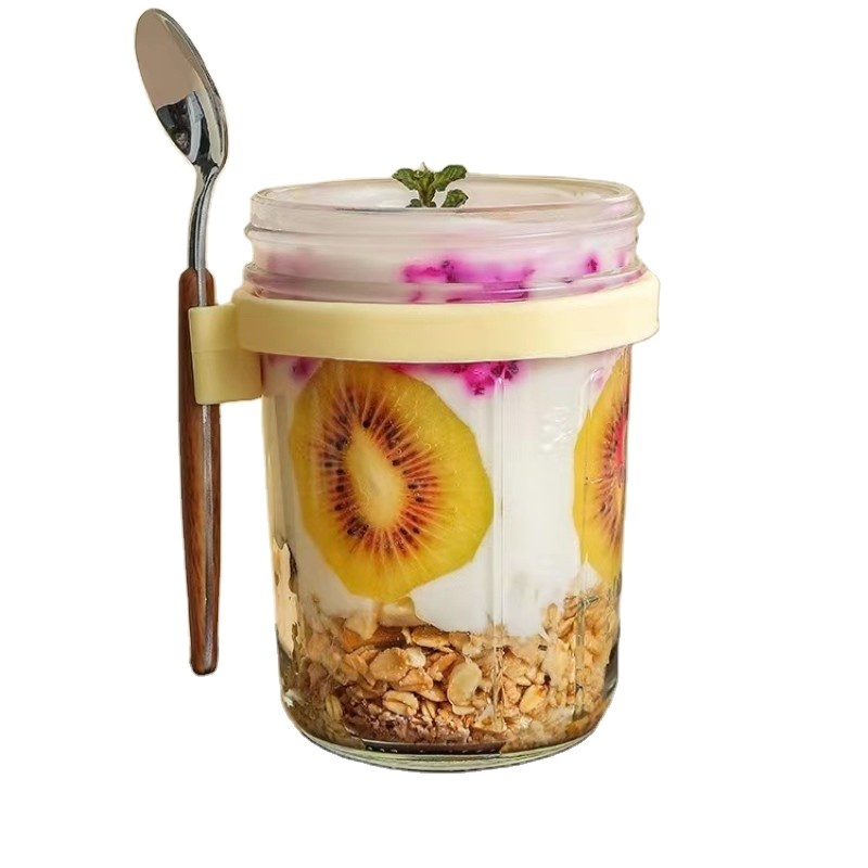 350ML Large Capacity Airtight Oatmeal Container with Measurement Marks, spoon and fork Overnight Oats Jars