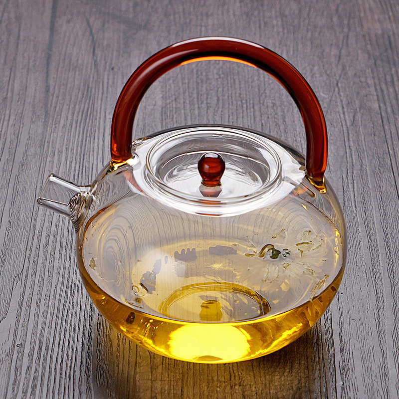 Wholesale  750ML Handmade Safe Round Modern High Borosilicate Glass Glass Teapot with  Color Handle