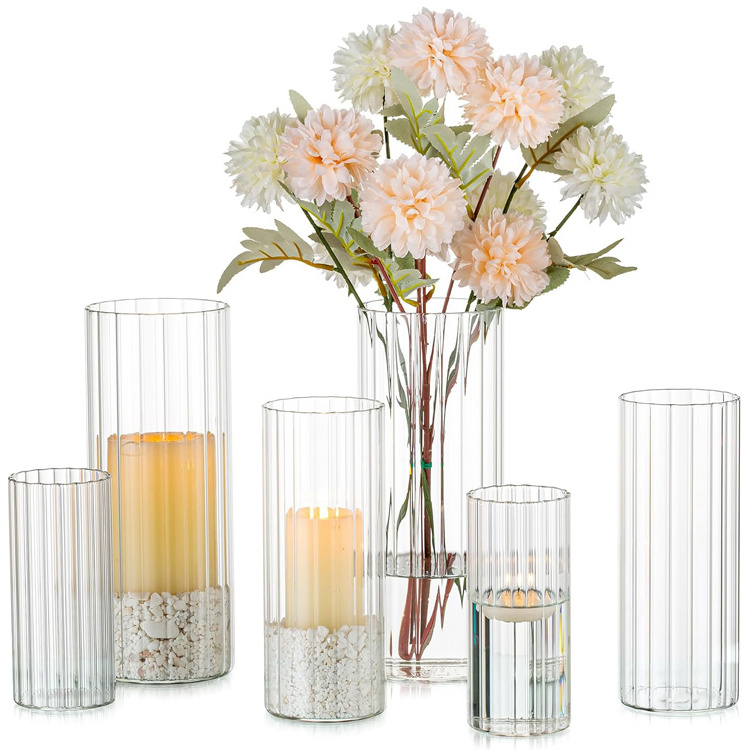 Clear Borosilicate Glass Cylinder Striped Tall Pillar Candle Holder Vase