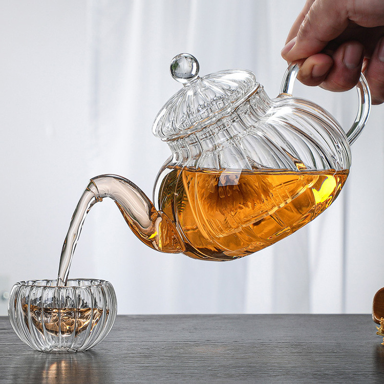 600ml 800ml 1000ml Glass Teapot with Removable Infuser Stove Top Safe Tea Kettle with Stripe Decoration