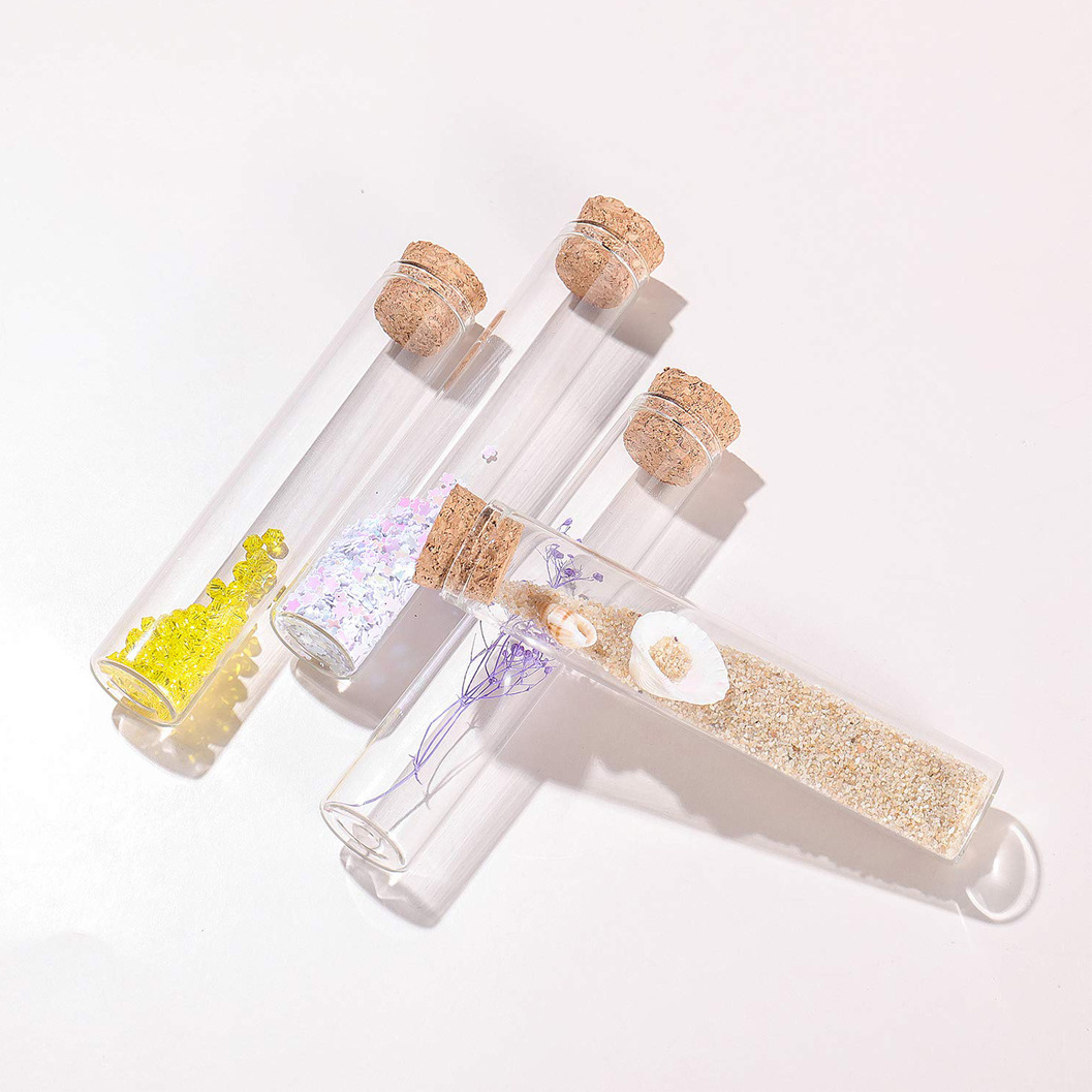 Small Clear Flat Bottom Borosilicate Glass Tube with Cork Lid for Lab Test Bath Salt Candy Storage Tube