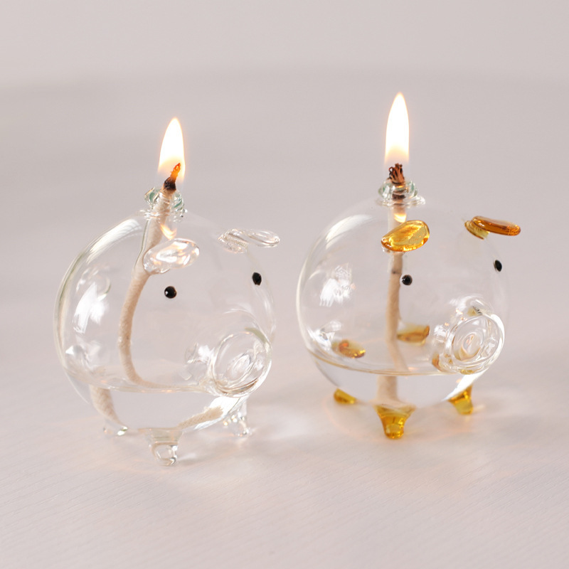 Customized Pig Shaped Refillable Glass Liquid Candle Replacement For Liquid Paraffin Disposable Fuel Cell Oil Lamp