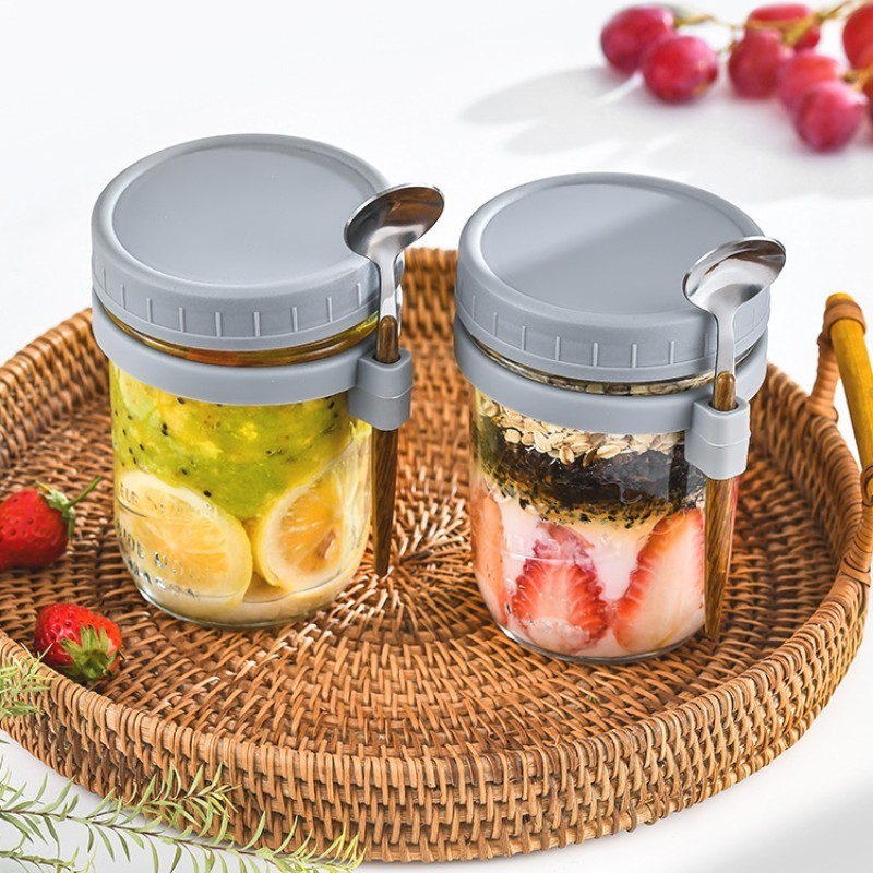 350ML Large Capacity Airtight Oatmeal Container with Measurement Marks, spoon and fork Overnight Oats Jars