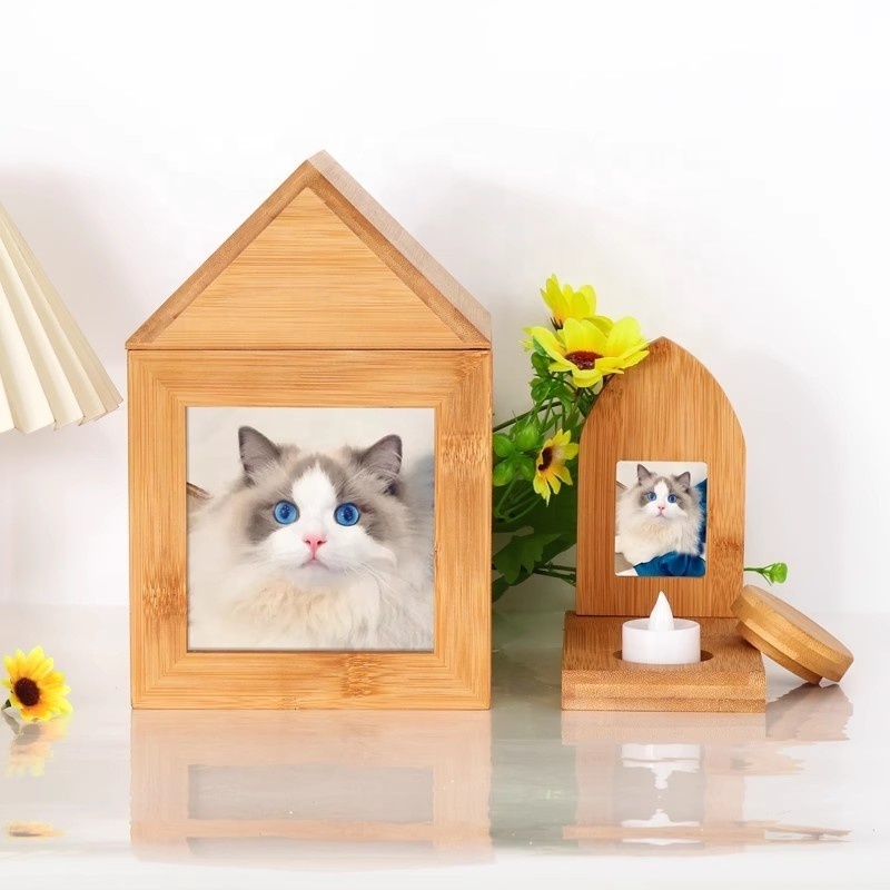 house shape bamboo wood dog/cat urn box ,small wooden memory gift box with candle holder